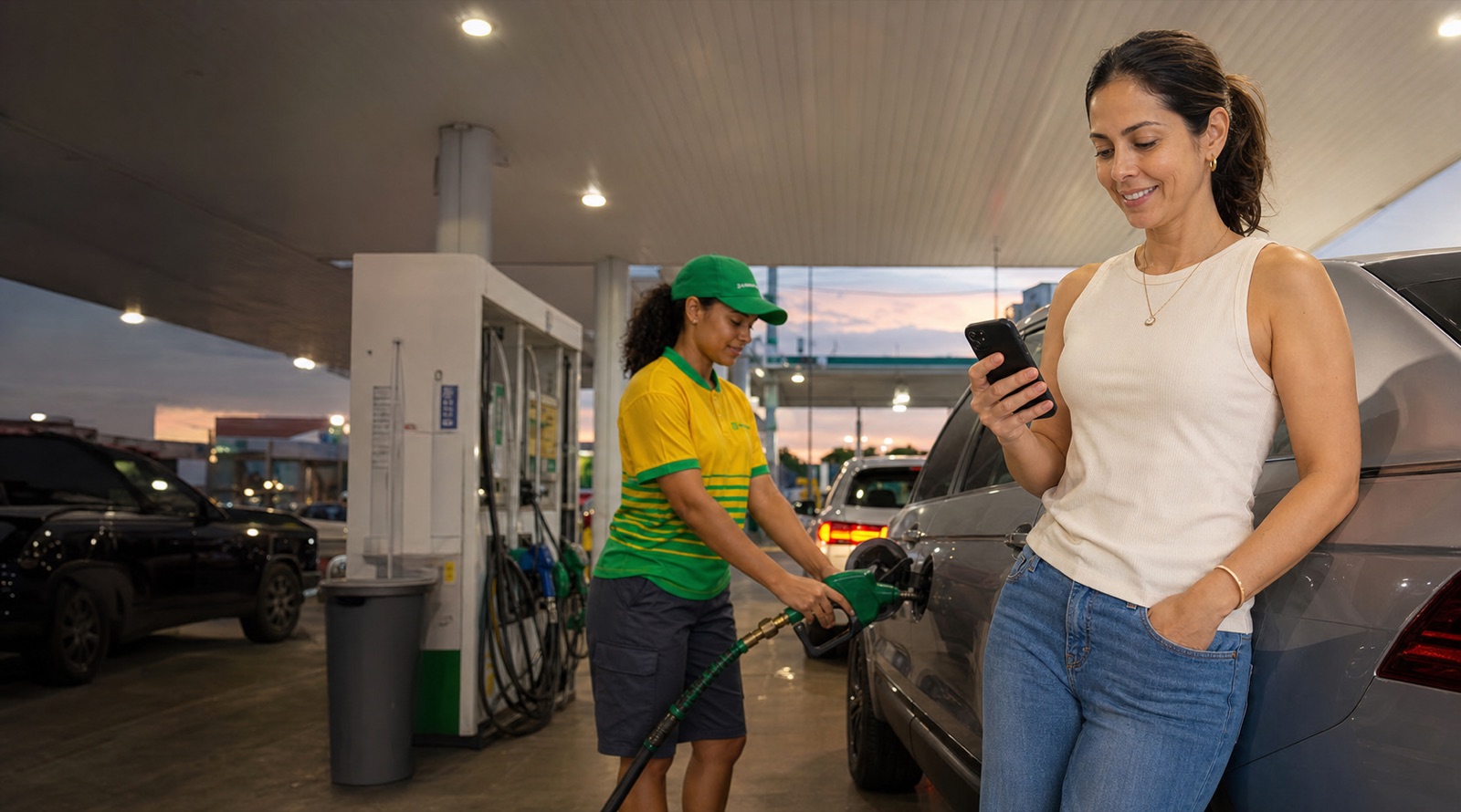 Cliente consulta o Valeu Club no celular enquanto uma frentista com uniforme oficial realiza o abastecimento